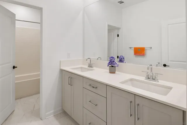 a bathroom with a double vanity sink a mirror and a bathtub