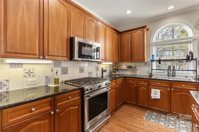 a kitchen with stainless steel appliances granite countertop a stove a sink dishwasher and a microwave oven with cabinets