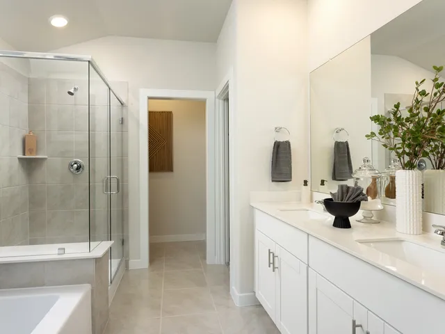 a bathroom with a double vanity sink toilet and shower