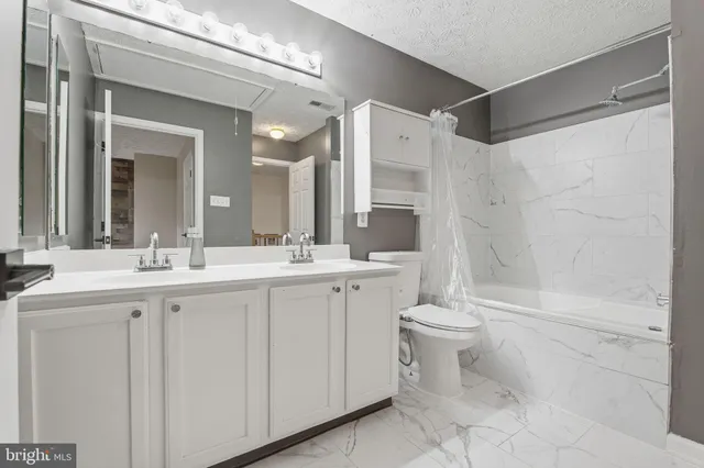 a bathroom with a double vanity sink toilet and shower