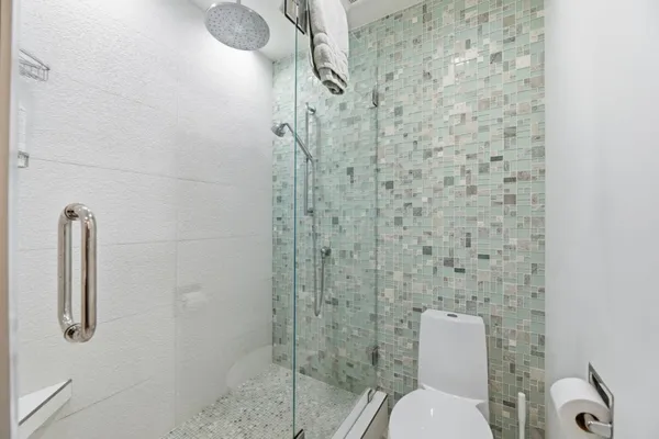 a bathroom with a toilet and a shower