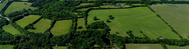 an aerial view of a residential houses with outdoor space and trees all around