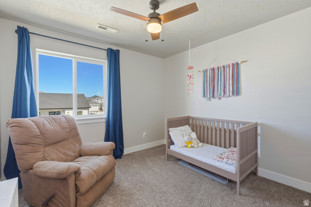 836 South 250 West Vernal, UT 84078 - Photo 36 of 56 Carpeted bedroom with ceiling fan and a textured ceiling