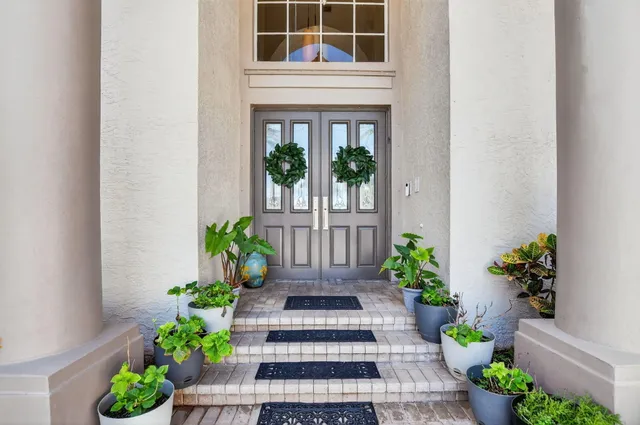 a view of front door of house with potted plant