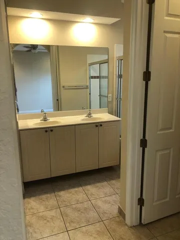 a bathroom with a sink a mirror and a shower