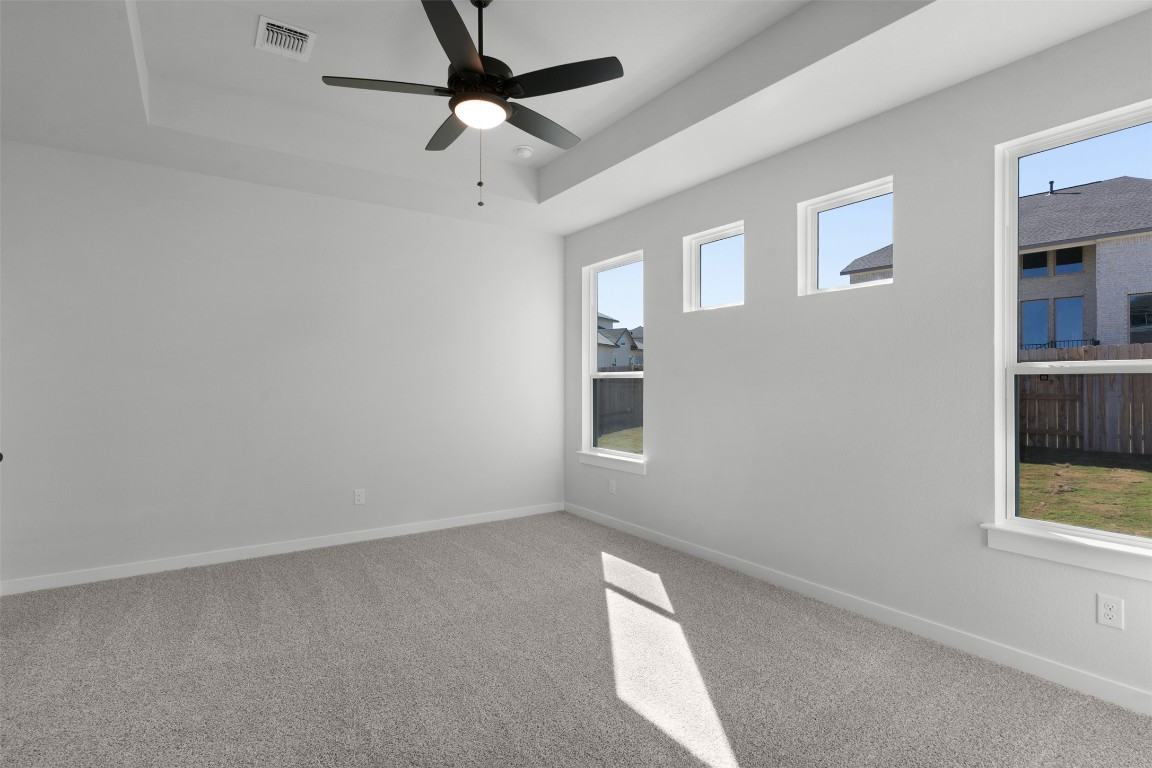 237 Wingstem Way Georgetown, TX 78633 - Photo 11 of 26 Unfurnished room with a tray ceiling, light colored carpet, and ceiling fan
