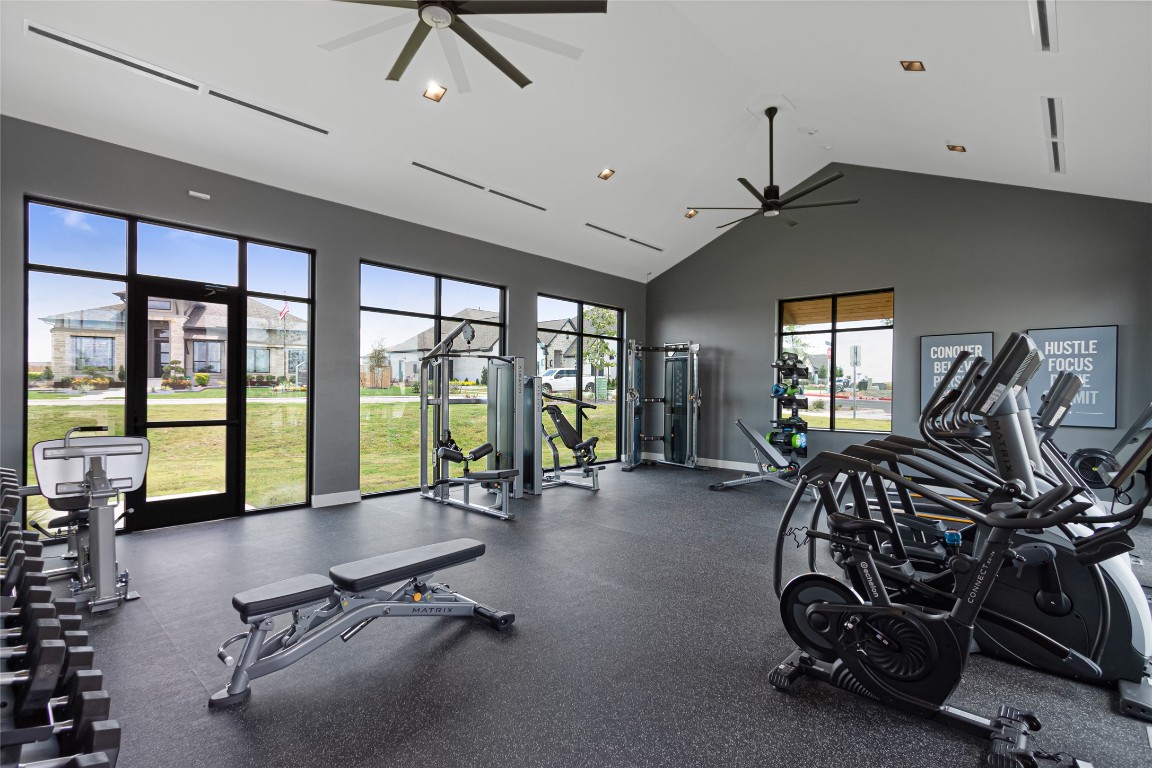 237 Wingstem Way Georgetown, TX 78633 - Photo 23 of 26 Workout area featuring high vaulted ceiling, a ceiling fan, and recessed lighting
