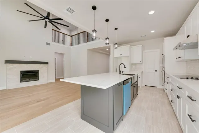 a kitchen with stainless steel appliances a stove a sink and a fireplace