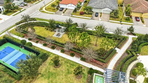 a view of a swimming pool with a yard