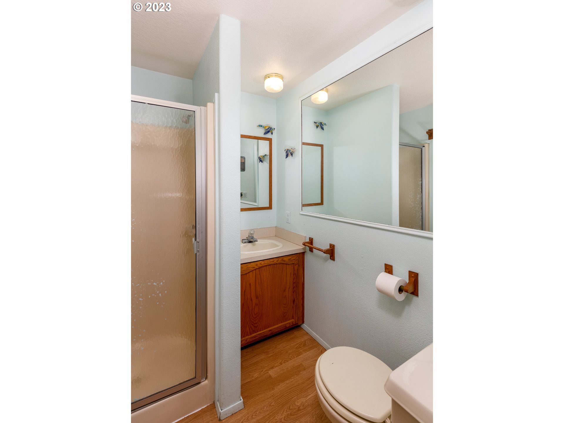 1404 Dillon Road Hood River, OR 97031 - Photo 17 of 30 a bathroom with a toilet sink vanity and mirror