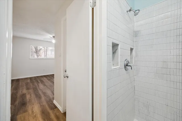 a bathroom with a bathtub