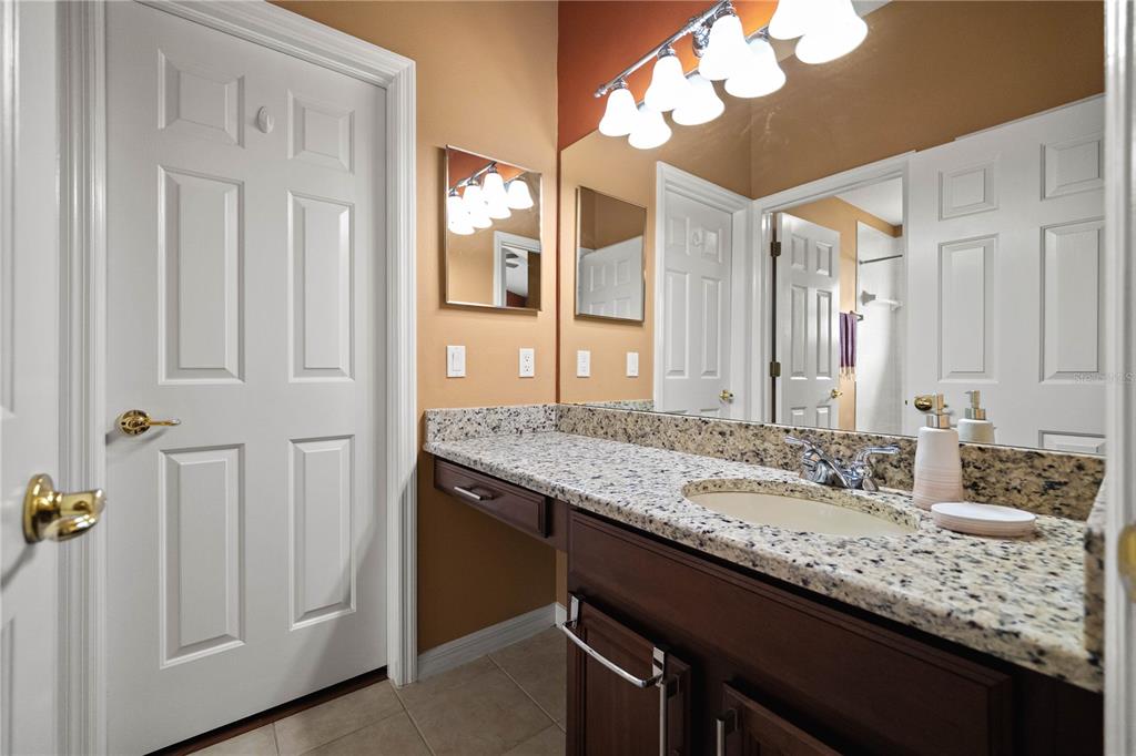 9020 North River Road Tampa, FL 33635 - Photo 32 of 86 a bathroom with a granite countertop sink and a mirror