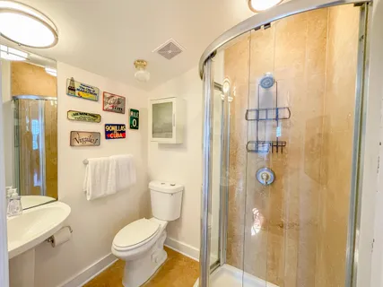 a bathroom with a toilet sink shower and a mirror