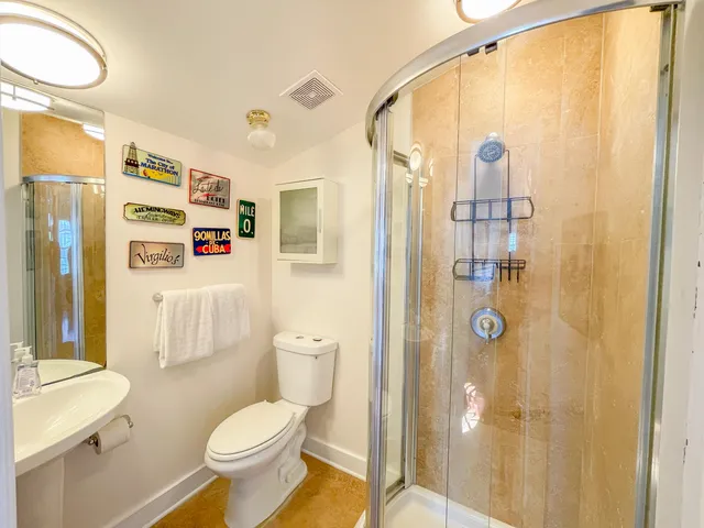 a bathroom with a toilet sink shower and a mirror