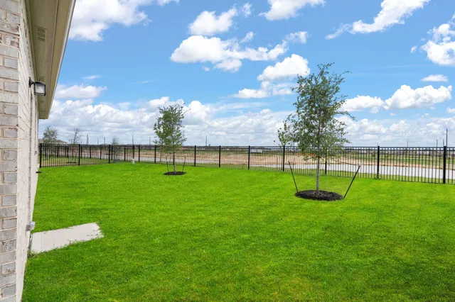 a view of yard with grass & palm trees