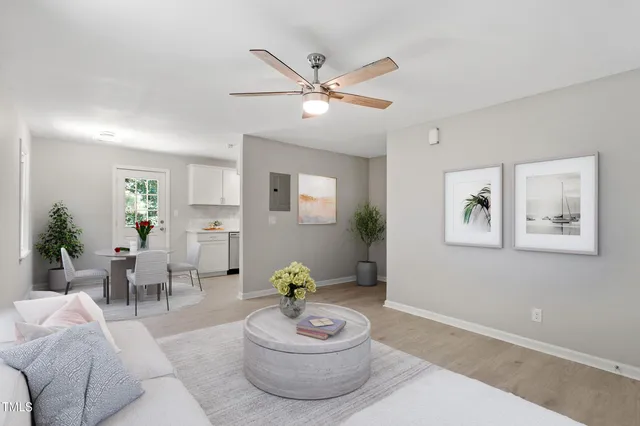 a living room with furniture and a potted plant
