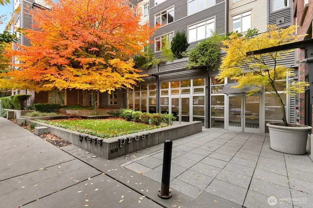 a view of a backyard with brick wall and potted plants