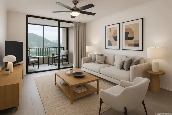 a living room with furniture and a large window