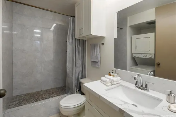 a bathroom with a sink toilet vanity and shower