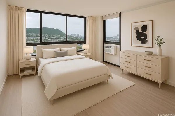 a bedroom with a bed and a large window