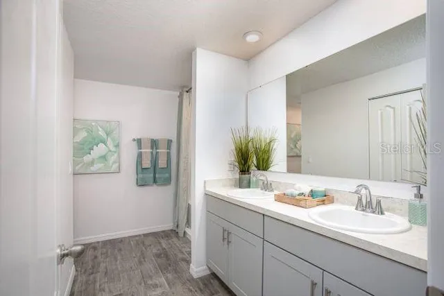 a bathroom with a sink and a mirror