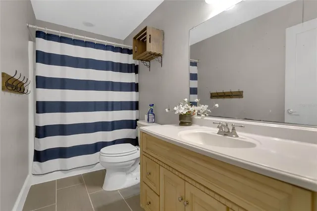 a bathroom with a sink a toilet a mirror and shower curtain