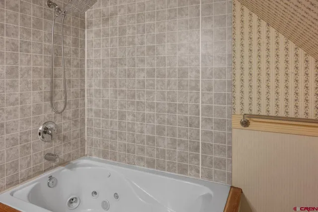 a bathroom with a bathtub and a shower