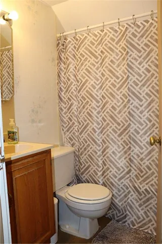 a white toilet sitting next to a shower curtain