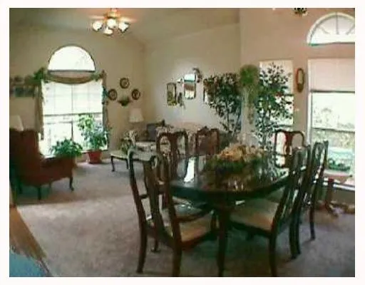 a view of a dining room with furniture and a potted plant