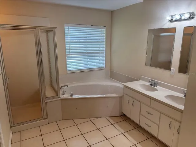 a bathroom with a tub sink and mirror