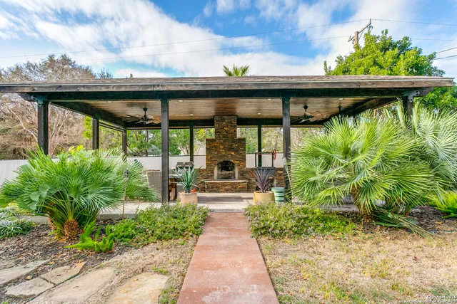 a view of a porch with garden