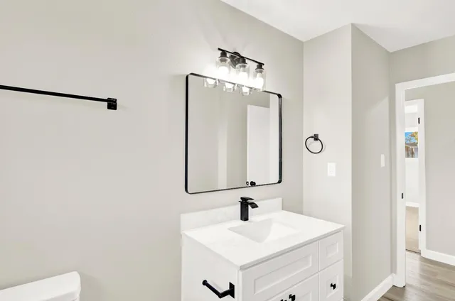 a bathroom with a sink mirror and vanity