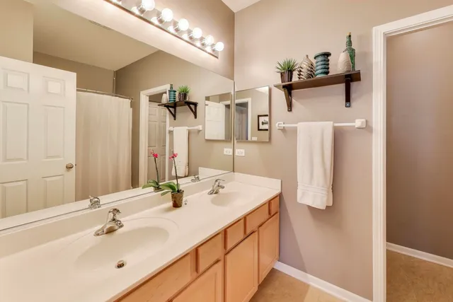 a bathroom with a sink vanity and a mirror