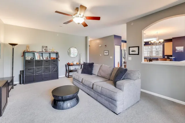 a living room with furniture a chandelier and a rug