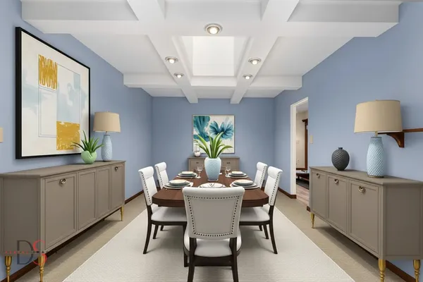 a dining room with furniture and window