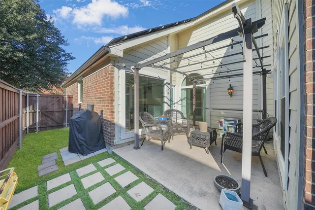 a garden view with a seating space