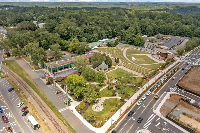 a view of a building with sitting area