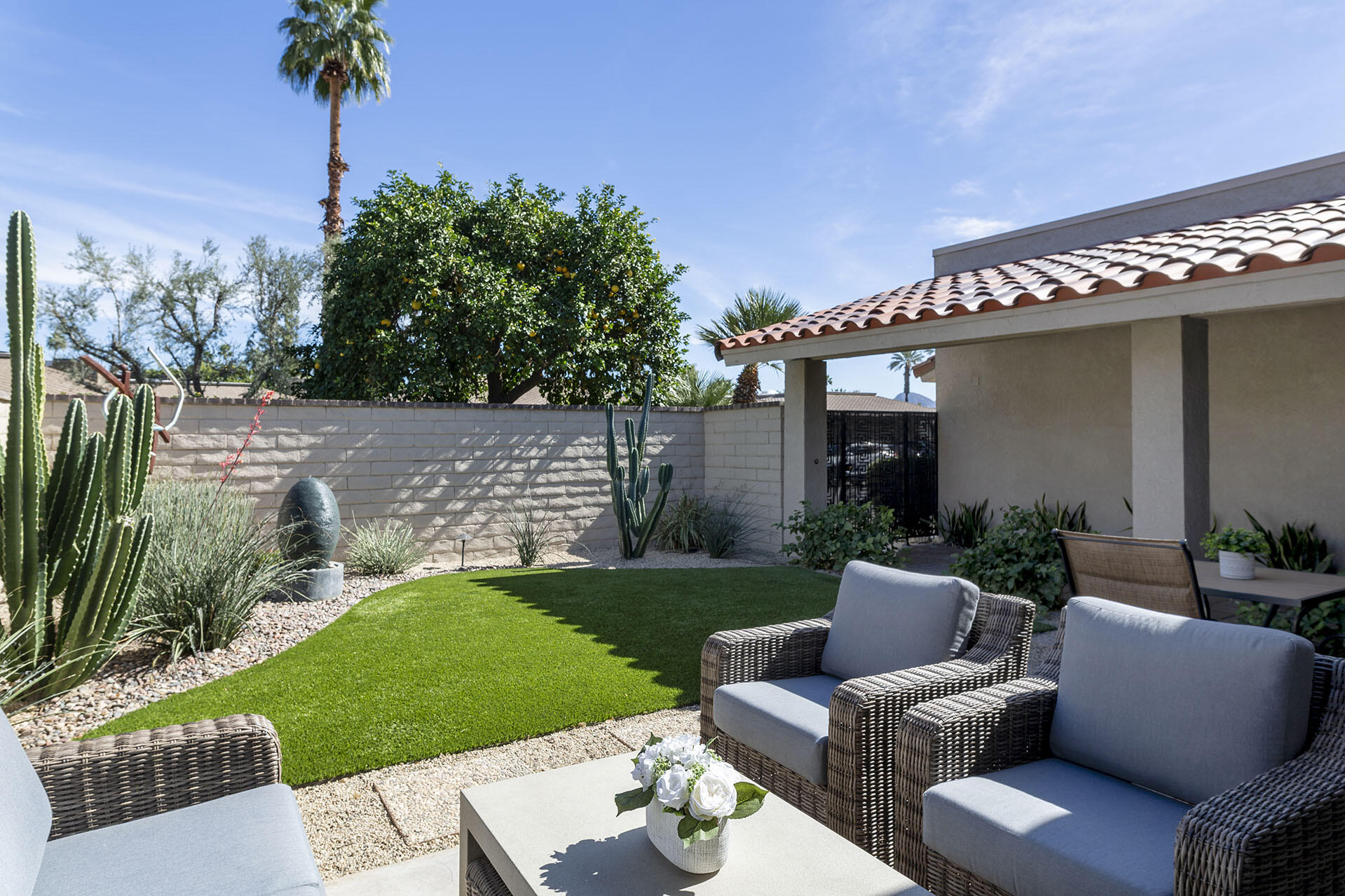 a view of a patio with couches plants and large trees