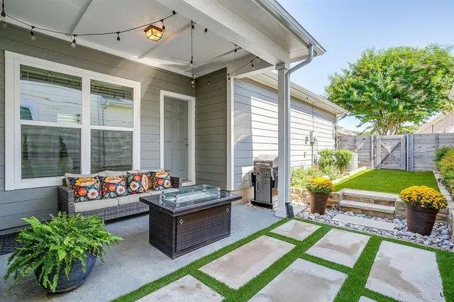 a building outdoor space with patio furniture