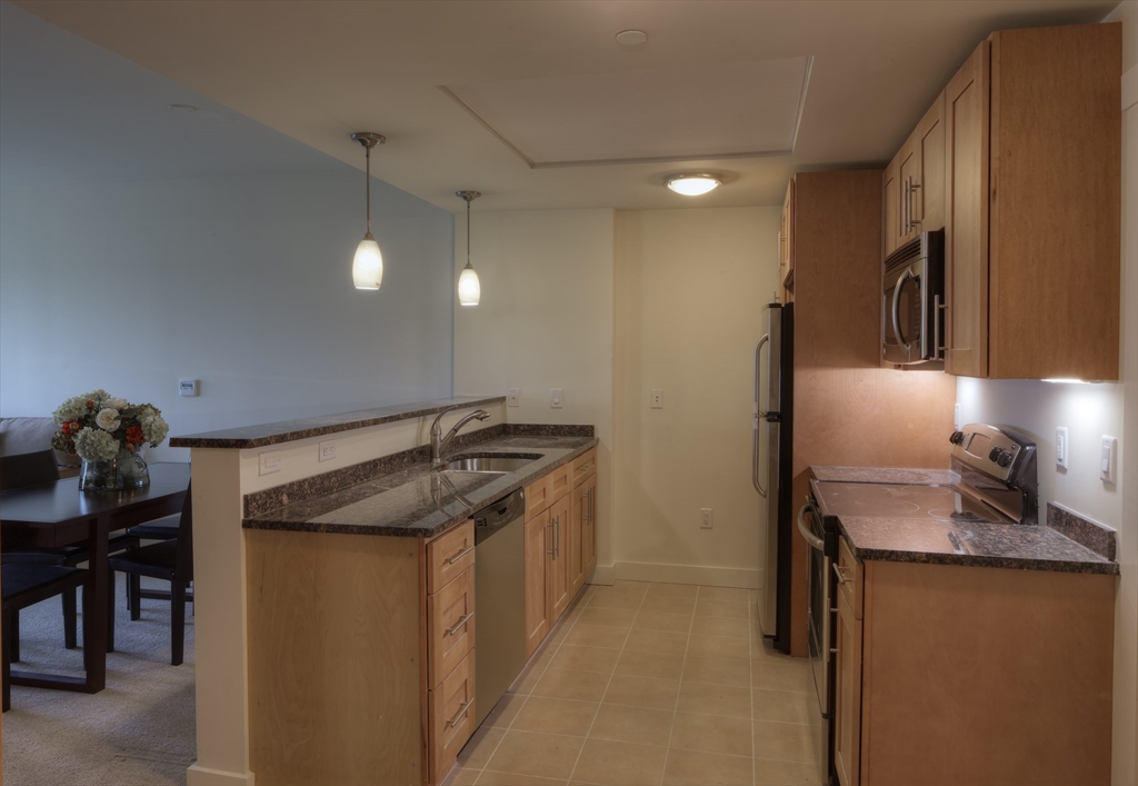 87 New Street, Unit 309 Cambridge, MA 02138 - Photo 2 of 10 a kitchen with stainless steel appliances granite countertop a sink and a refrigerator