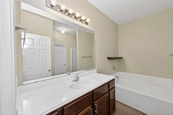 a bathroom with a tub sink and mirror