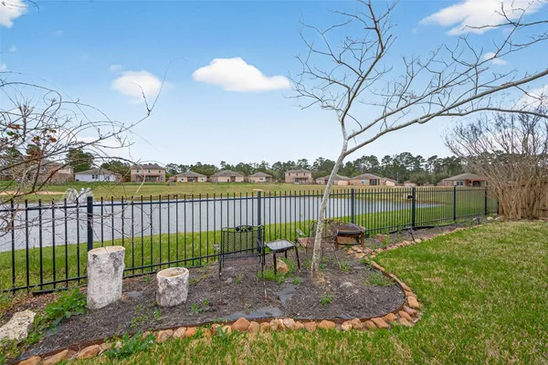 a garden view with a seating space