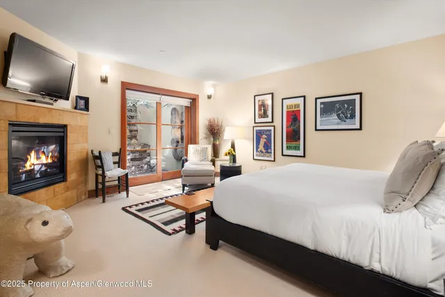 a spacious bedroom with a bed and a fireplace