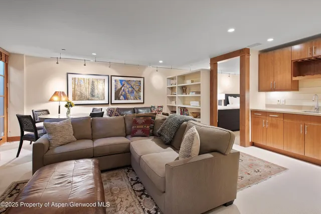 a living room with furniture and a kitchen