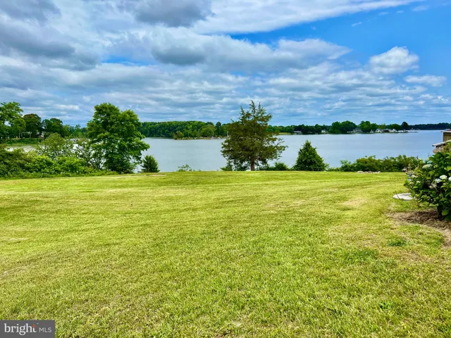a view of a lake with a big yard and large trees