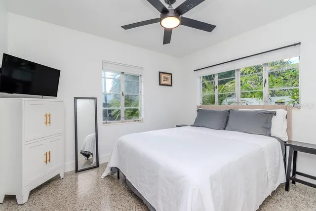 a spacious bedroom with a bed and a window