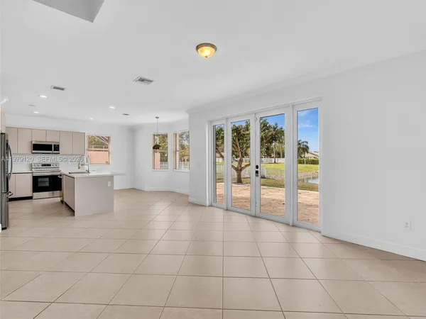 a view of a lake with a city