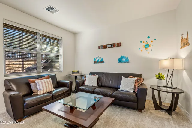 an aerial view of a house with a yard and large trees