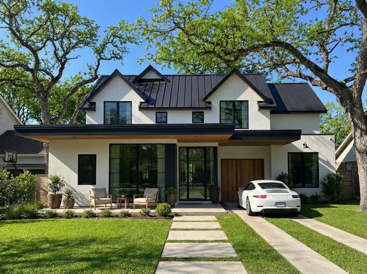 View of front of property with a front yard, stucco siding, and a standing seam roof