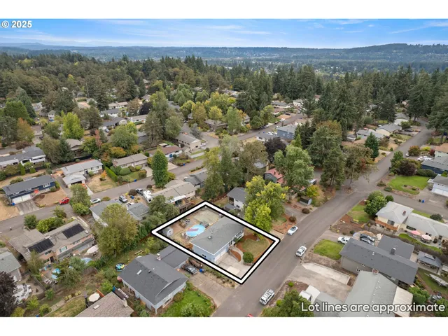 an aerial view of residential house with outdoor space and trees